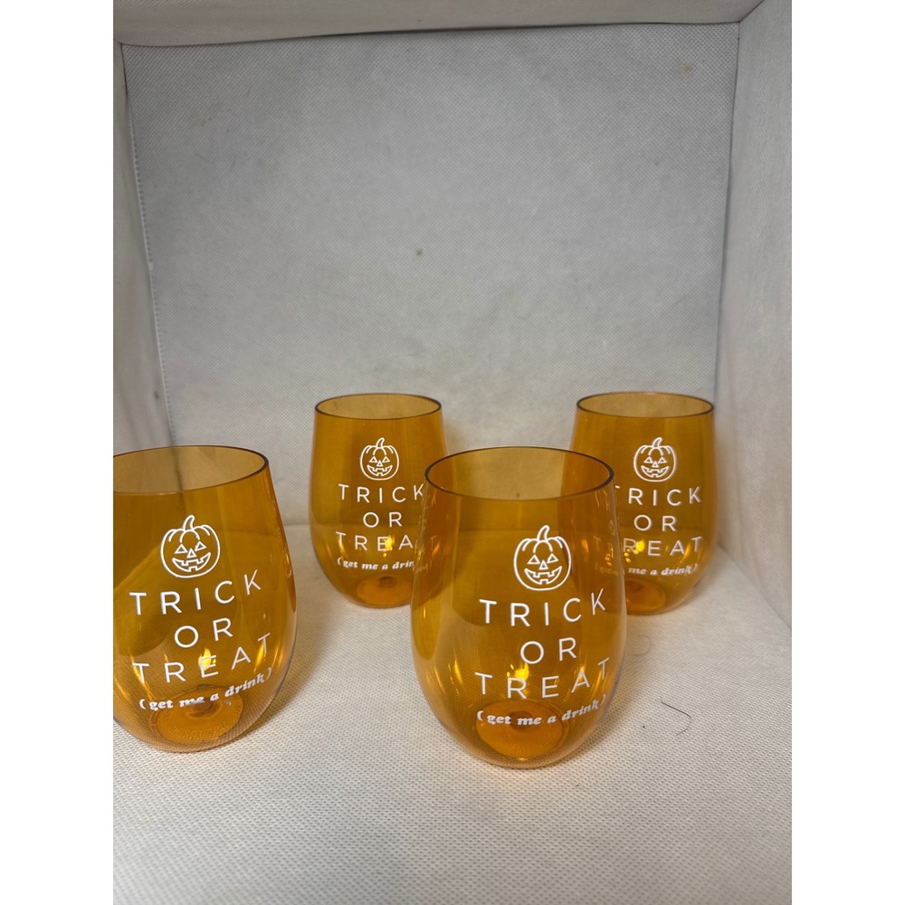 Set of 4 Halloween Trick Or Treat Amber Acrylic Stemless Wine Glasses Pumpkin